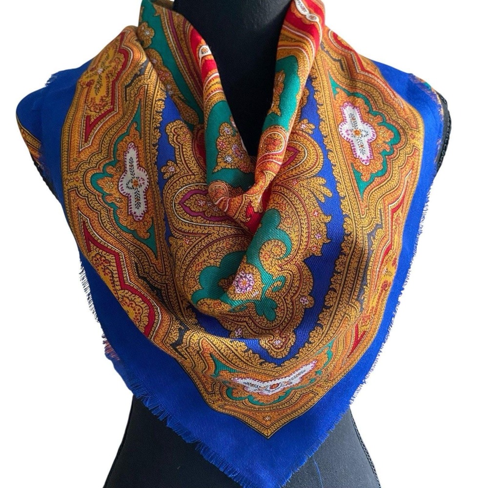 Vintage Club 7 Echo Scarf  Square 29" Colorful Paisley 100% Wool Made Japan - Picture 2 of 5